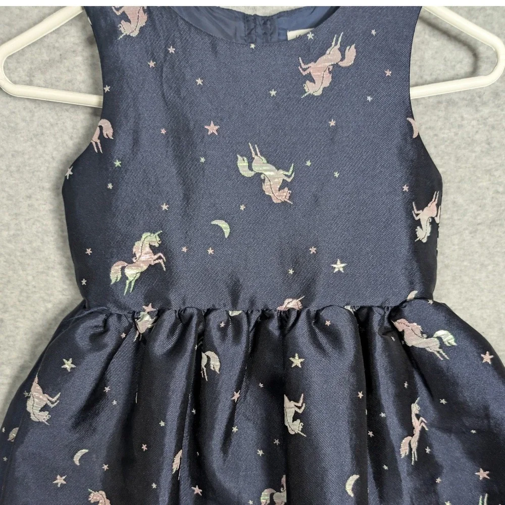 H&M Girls Dress Navy Blue Metallic Unicorn Star Moon Party Size 5-6Y Celestial